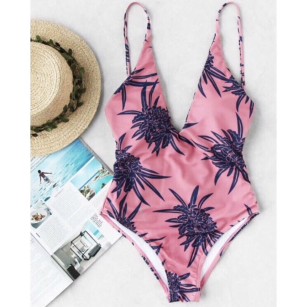 NWOT Calico Print Plunge Neckline Swimsuit
